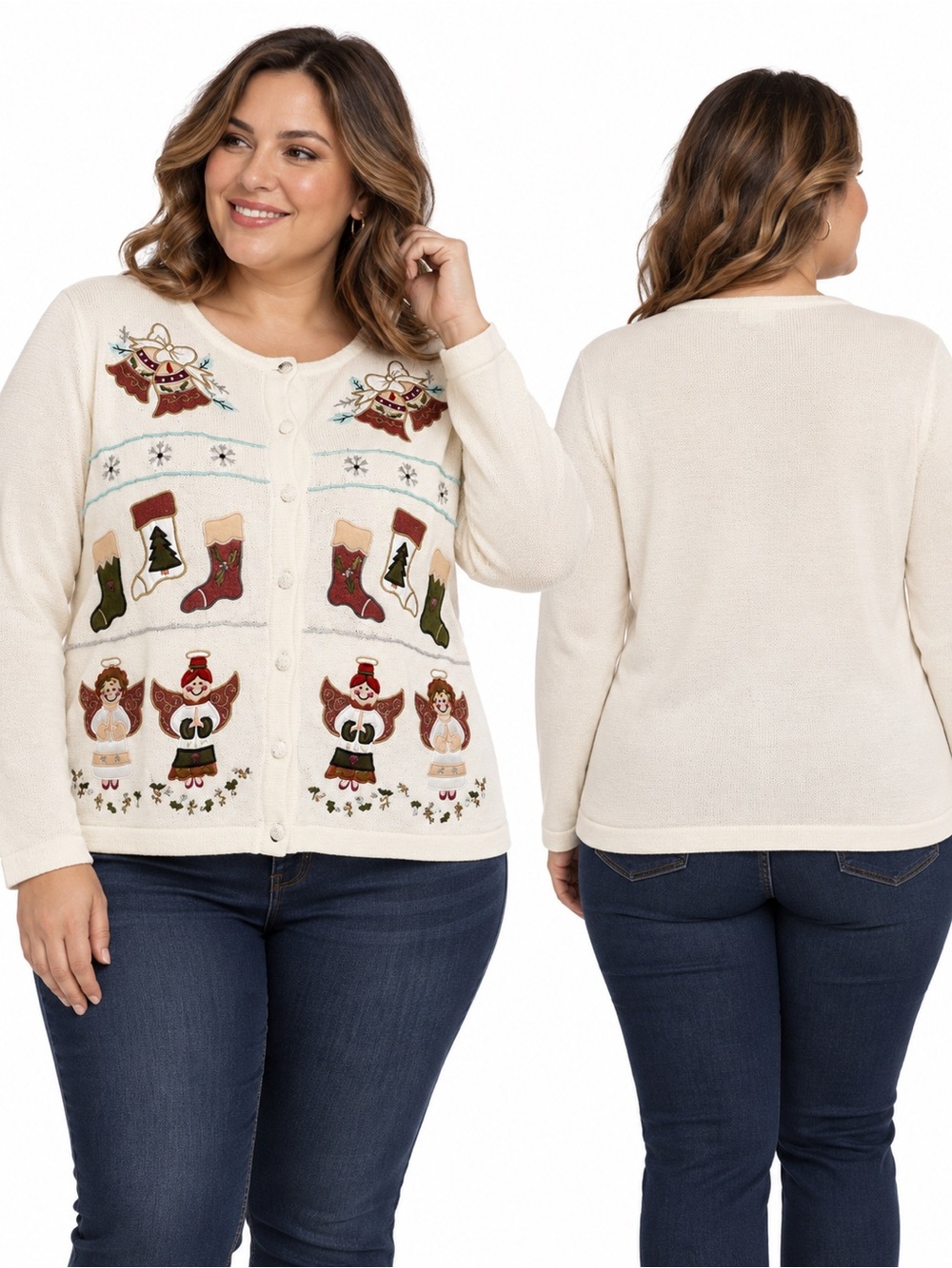 Bechamel Ramie cotton blend Cream Holiday Embroidered Button-Front Cardigan 1X